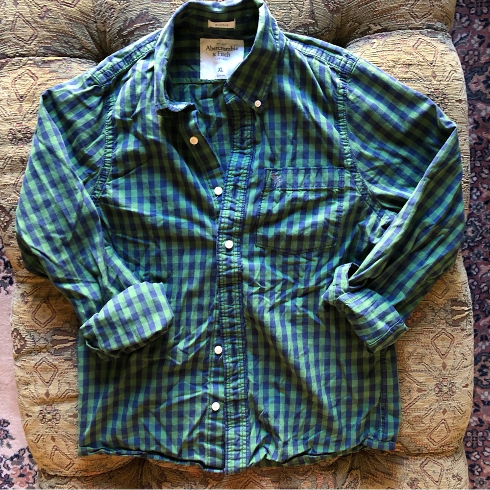 Abercrombie & Fitch Men's Button-Down Shirt XL Green Blue Check Plaid